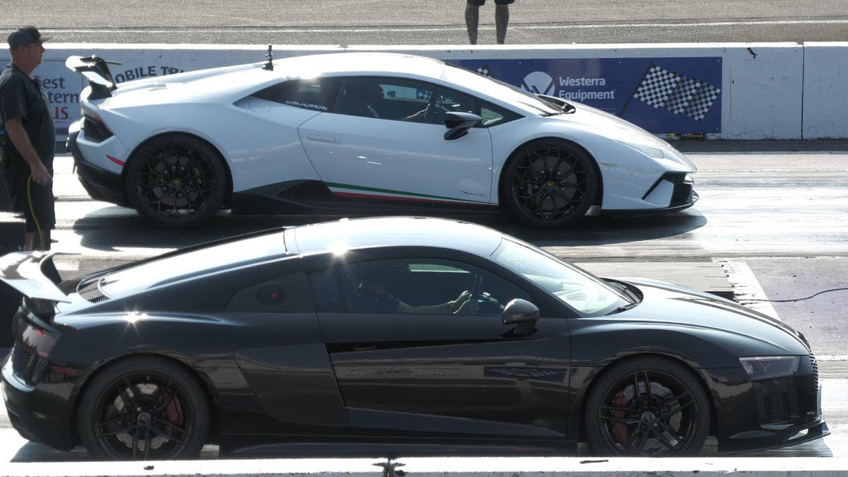 (4K) Audi R8 vs Lamborghini Performante Huracan - supercars drag racin ...
