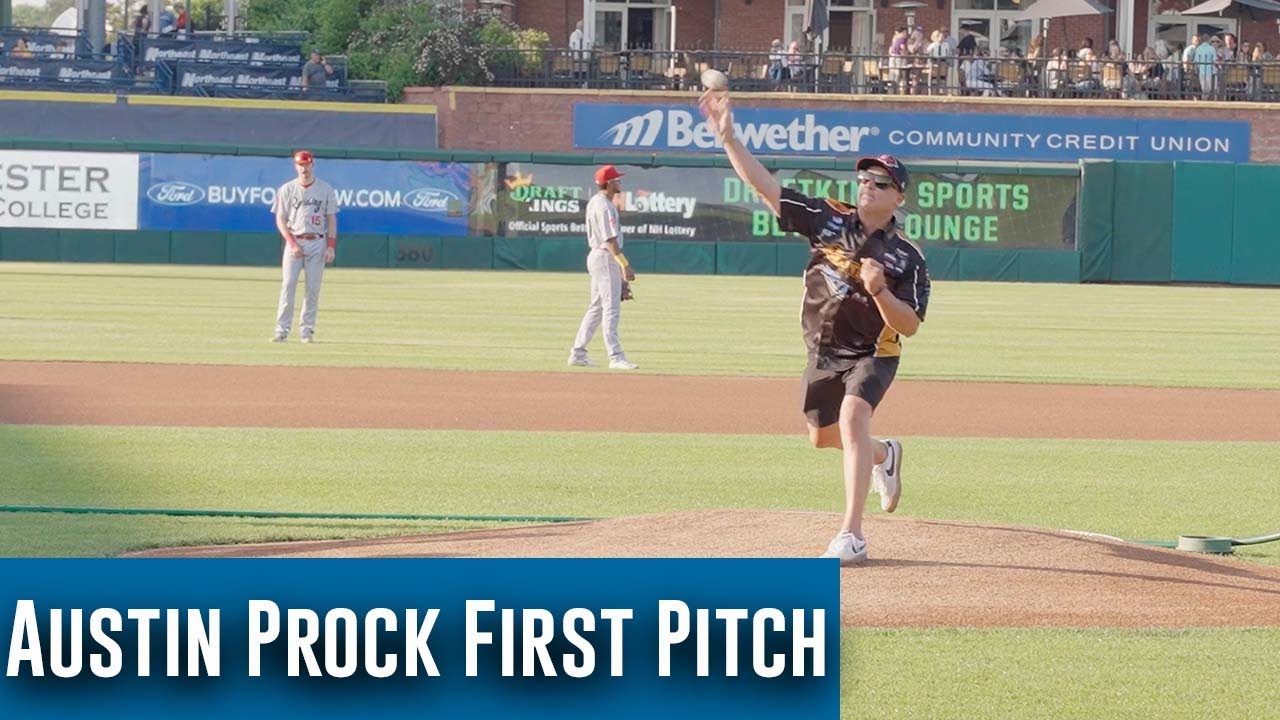 Austin Prock throws out the first pitch at Fisher Cats game