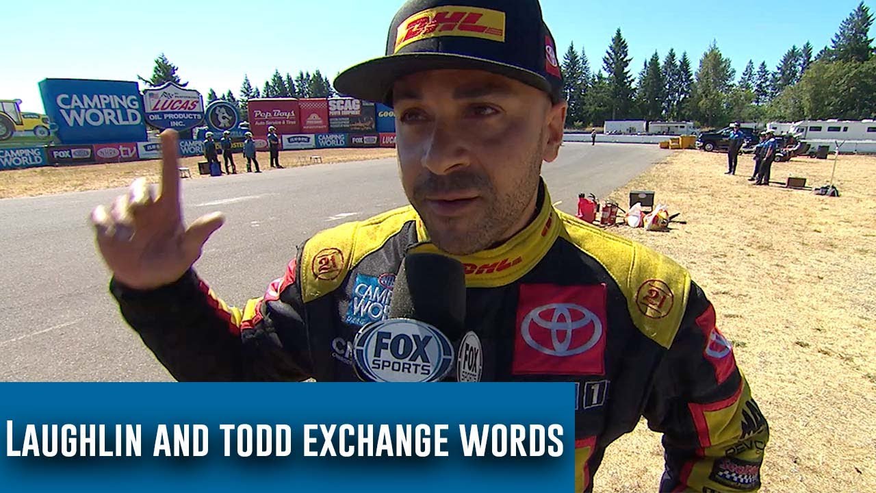Alex Laughlin and JR Todd exchange words during Flav-R-Pac NHRA Northwest Nationals