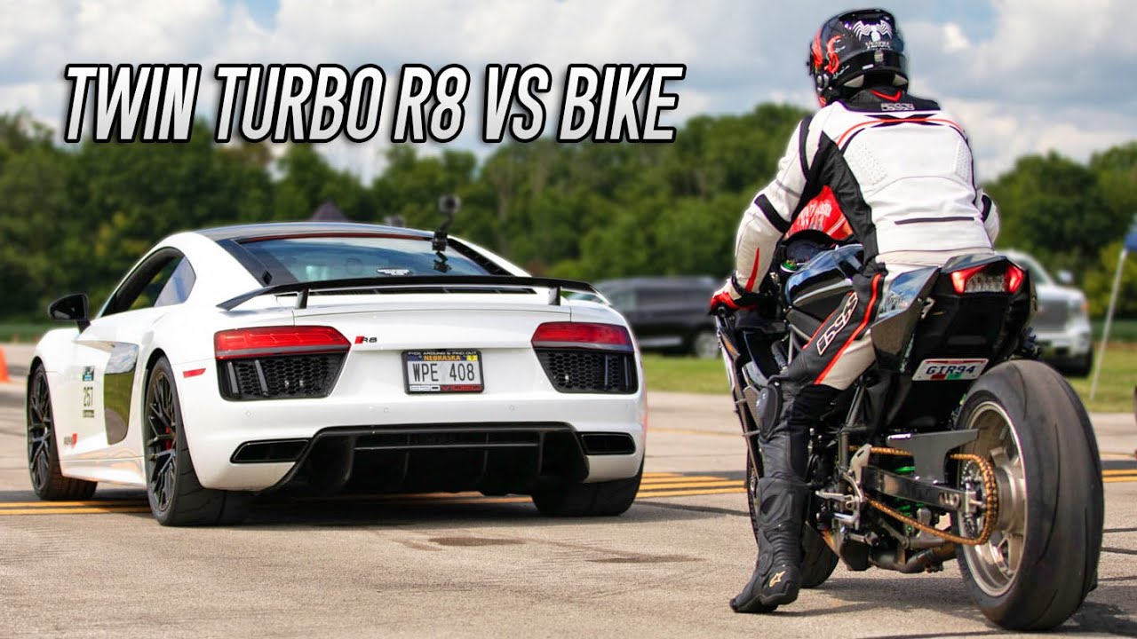 200MPH RACE! Twin Turbo R8 VS stretched bike!