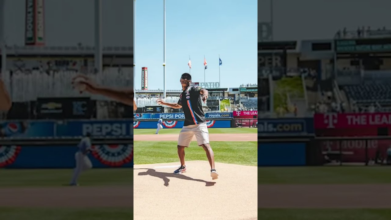 Antron Brown throws out the first pitch at Kansas City Royals game