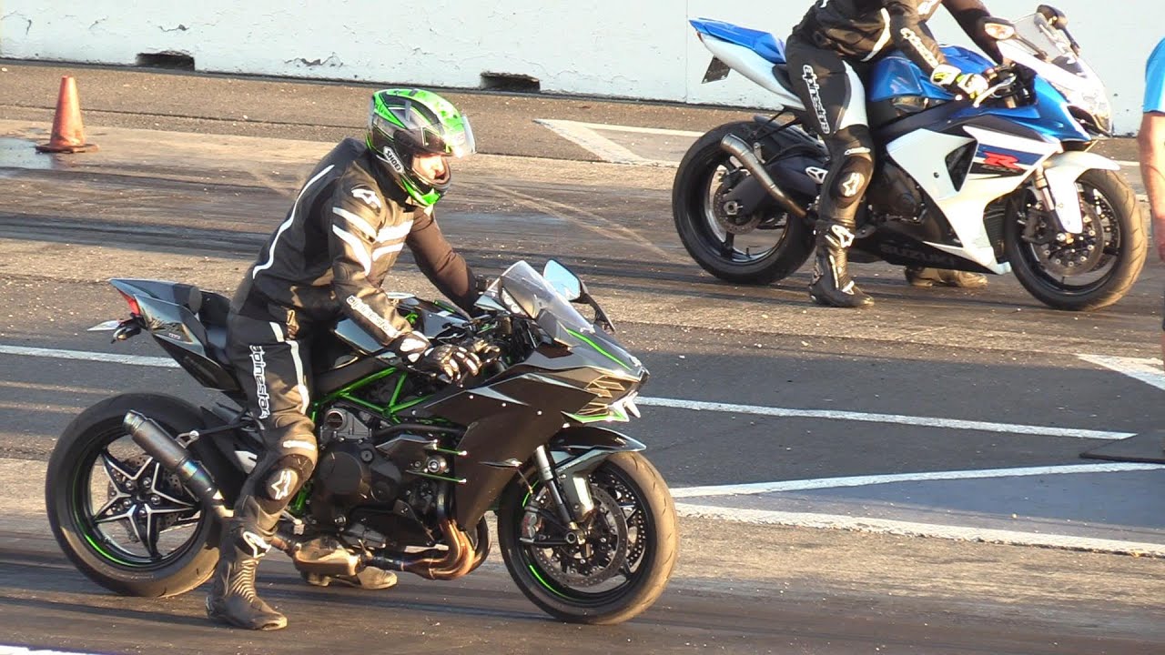 GSXR Suzuki vs H2 Kawasaki Ninja - drag racing