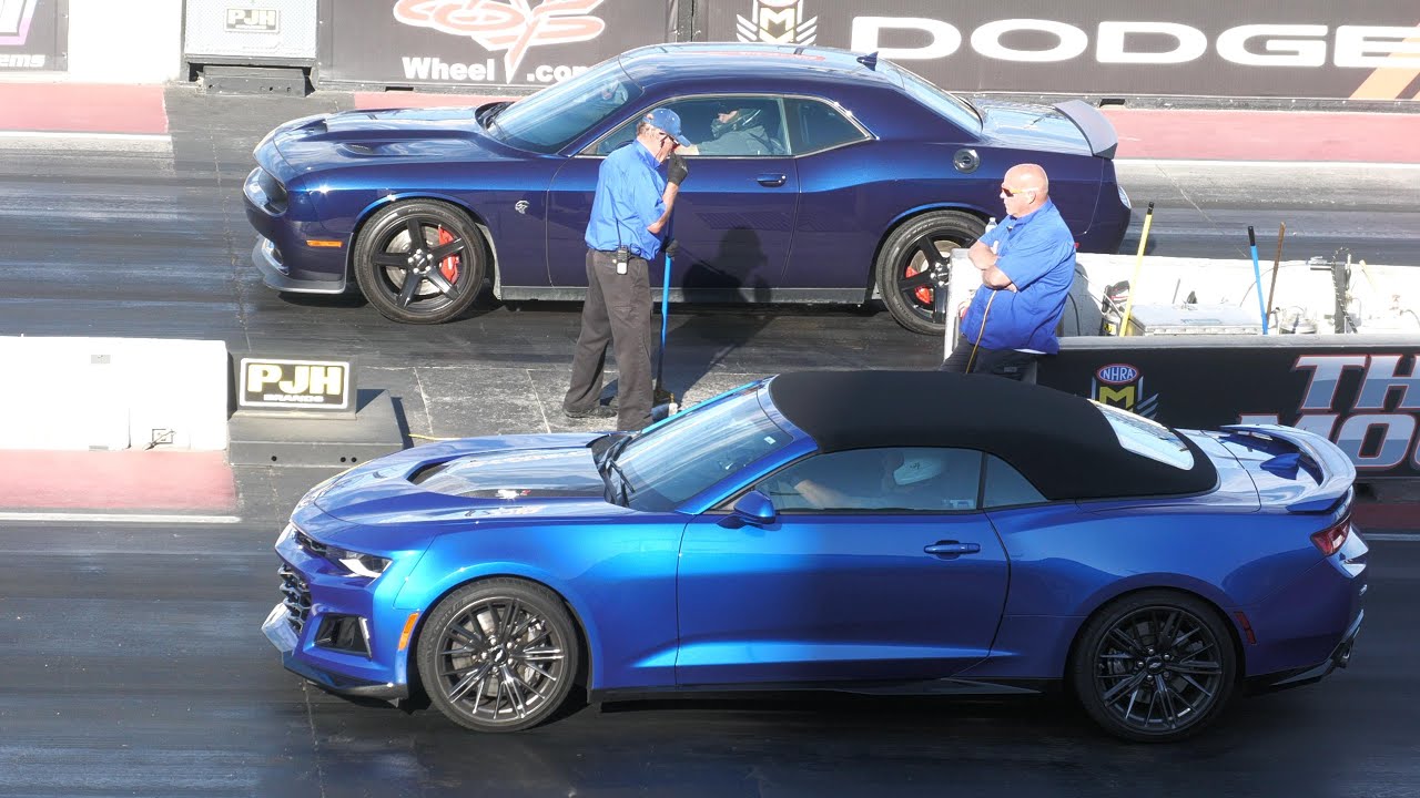 Hellcat vs ZL1 Camaro - muscle cars drag racing